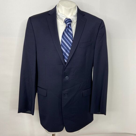 Calvin Klein 42L Long Men's 100% Wool Two Button Blazer Suit Coat Jacket Blue - Picture 1 of 16